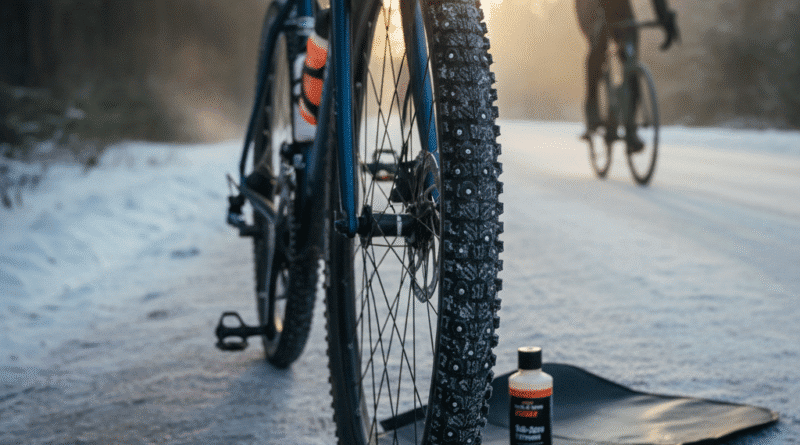 Nie zamrażaj treningów – jak dobrać i przygotować opony na zimę 2025 Rower gravelowy z kolcowanymi oponami, płynem uszczelniającym i narzędziami na zaśnieżonej drodze. W tle rowerzysta jadący ośnieżoną trasą o wschodzie słońca.